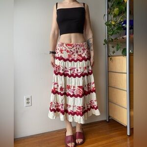 Caroline Constas linen tiered midi skirt red and cream size S